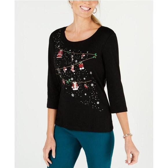Karen Scott Holiday Lights Sequin Top Deep Black L - Picture 1 of 3